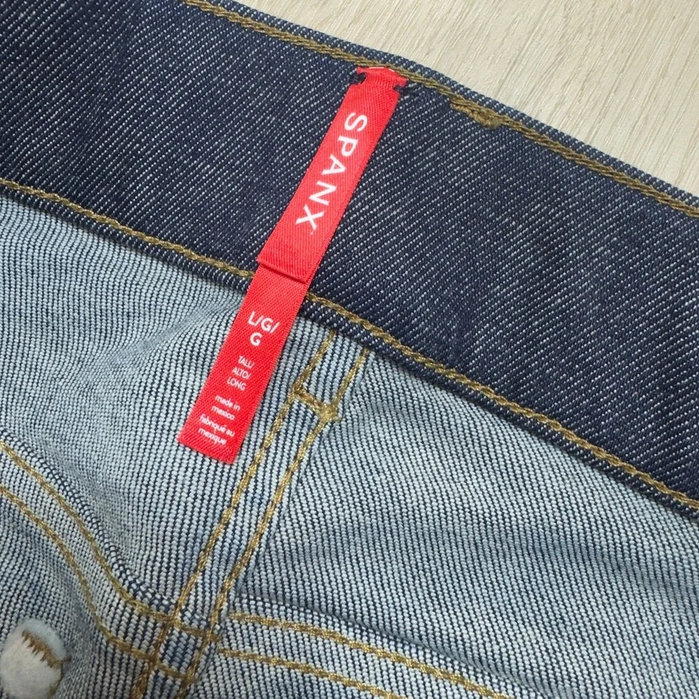 Spanx Cropped Kick Flare Jeans Womens Large Tall Raw Indigo Wash Pull On 20699T